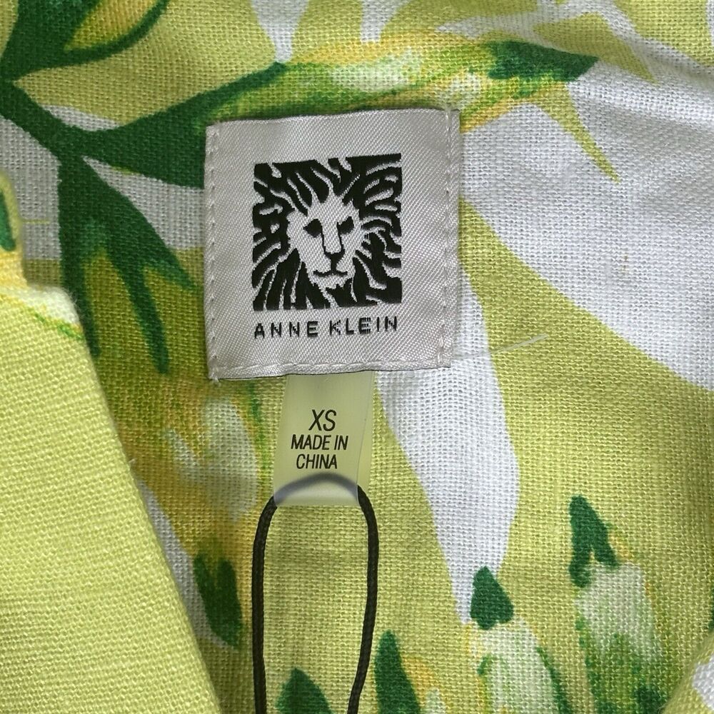 Anne Klein Linen Shirt Womens X-Small Green Tunic Palm 3/4 Sleeve Button New $89 - Picture 4 of 16